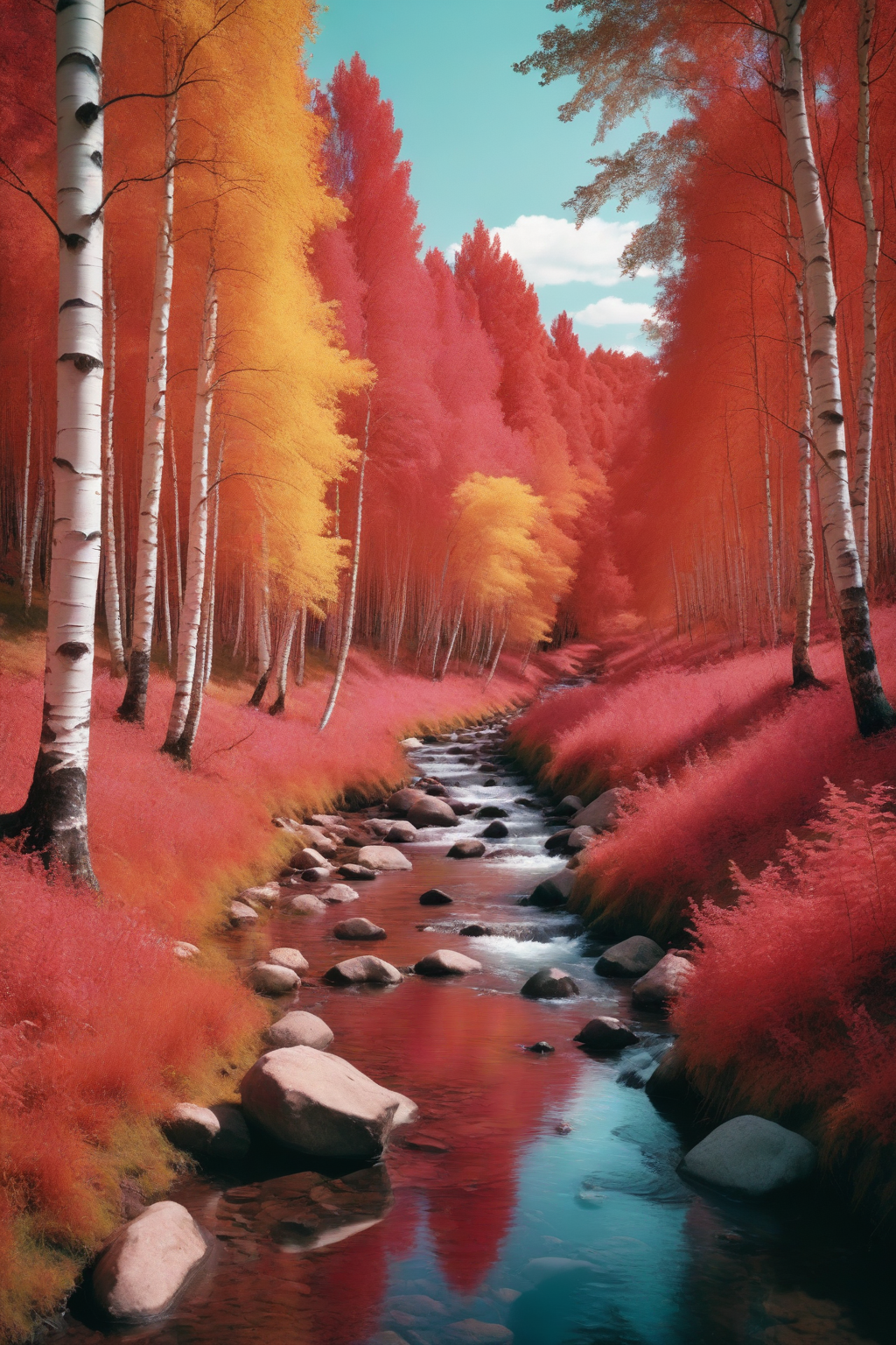 00850-3149976424-landscape photography shot on Kodak Aerochrome,_The birch forest beside the fast-flowing stream in summer,quiet and beautiful co.png